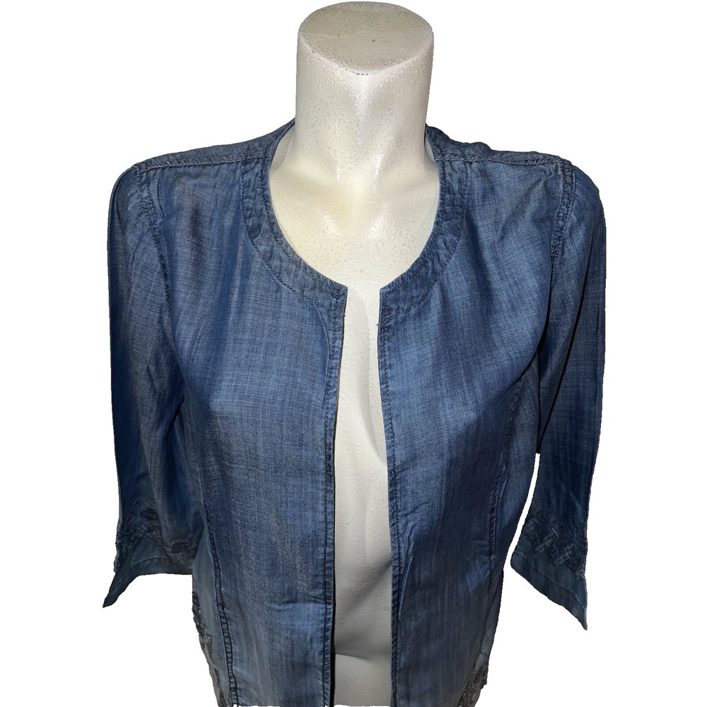 New Chico's Royal Dip Dye Chambray Embroidered Open Front Duster Jacket Size 2 L - Picture 2 of 10